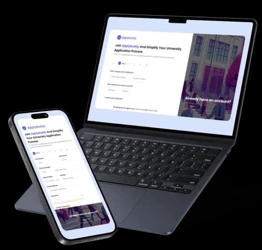 ApplyBuddy platform displayed on a smartphone and laptop, showcasing a user-friendly university application interface.
